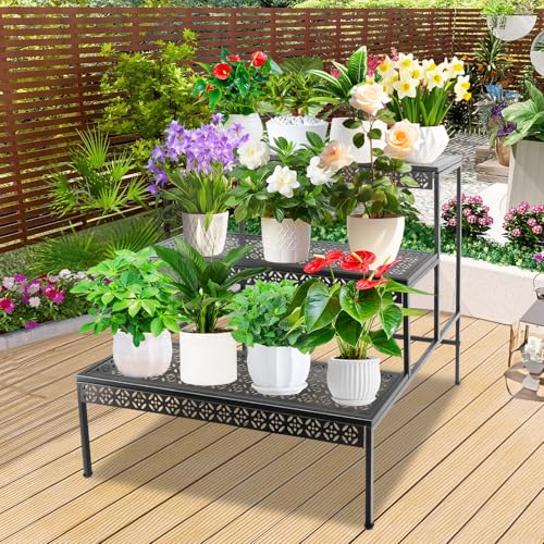3 Tier Metal Plant Stand, Ladder Flower Pot Holder Plant Stands, Tiered Plant Stand Outdoor Storage Organizer Rack for Home Garden Patio Balcony