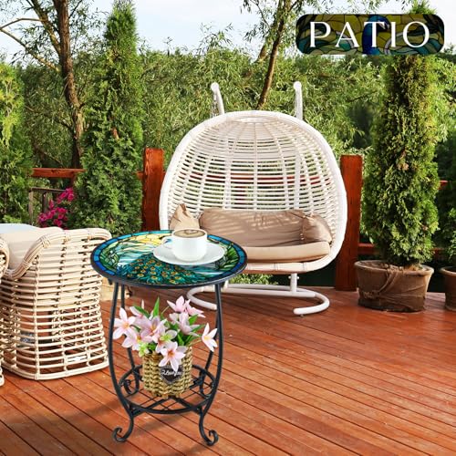 Cinnvoice Outdoor Side Table Round Small Mosaic Patio Accent Indoor End Plant Coffee Tea Table for Yard Patio Porch Garden Living Room, Bedroom(Peacock Style,16 Inch) - size: 16 Inch, style: Peacock Style