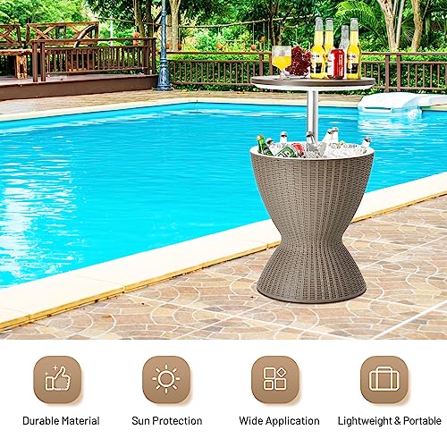 Tangkula Outdoor Cool Bar Table, Rattan Style Patio 8 Gallon Beer and Wine Cooler, All-Weather Ice Bucket w/Height Adjustable Top, Drainage Plug, 3-in-1 Cocktail Coffee Table for Party, Pool (Coffee) - color: Coffee