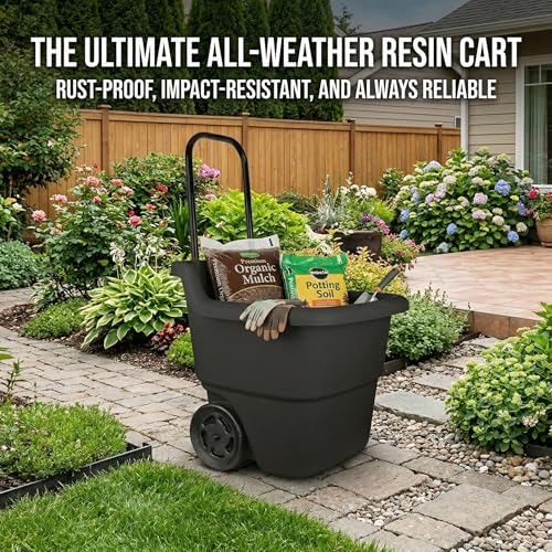 15-Gallon Rolling Lawn and Garden Utility Cart, Durable Resin Yard Wagon with Retractable Handle & 7-Inch Flat-Free Wheels for Outdoor Mulch, Dirt, and Debris Transport, Black