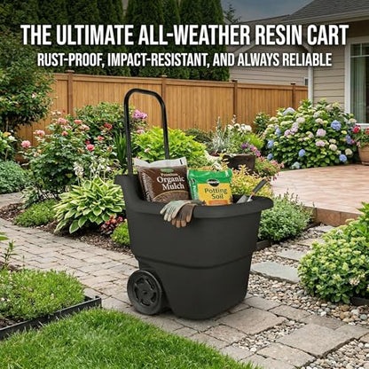 15-Gallon Rolling Lawn and Garden Utility Cart, Durable Resin Yard Wagon with Retractable Handle & 7-Inch Flat-Free Wheels for Outdoor Mulch, Dirt, and Debris Transport, Black