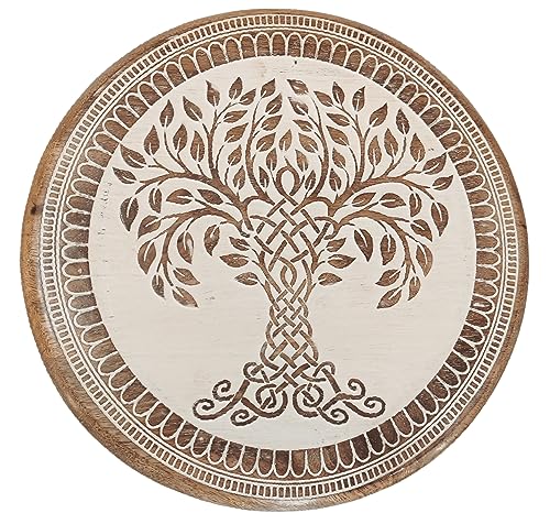 VANIYA CRAFTS® Wooden Engraved Fold-able Side Table/End Table/Plant Stand/Stool for Living Room Bedroom Restaurant Kids Play Furniture Table Round Shape (Natural White 3) - color: Natural White 3