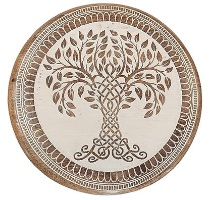 VANIYA CRAFTS® Wooden Engraved Fold-able Side Table/End Table/Plant Stand/Stool for Living Room Bedroom Restaurant Kids Play Furniture Table Round Shape (Natural White 3) - color: Natural White 3