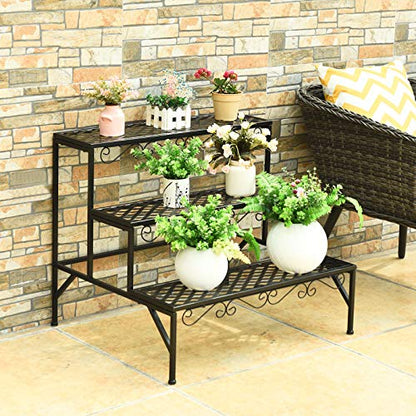 Giantex 3 Tiers Black Metal Plant Stand, Metal Plant Shelf Stands w/ 6-9 Flower Potted Capacity Holders, Multiple Flower Pot Display Rack for Plants Patio Garden Corner Indoor (Rectangular)