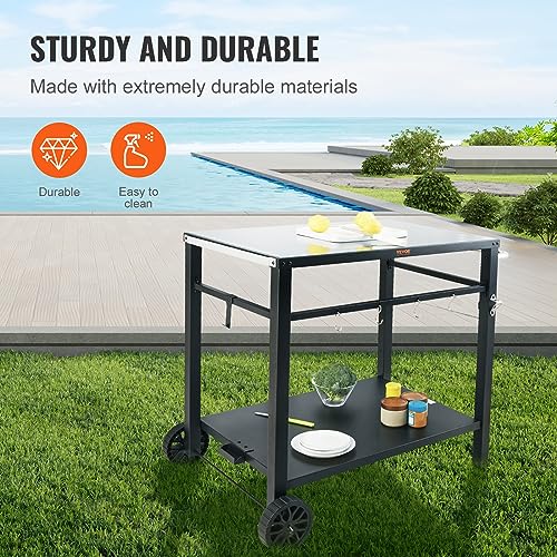 VEVOR Outdoor Grill Cart with Double-Shelf, BBQ Movable Food Prep Table with PVC Placemat, Black Iron Table Top, Portable Modular Carts for Pizza Oven, Worktable with 2 Wheels, Carry Handle - size: 21.7"D x 33.5"W x 32.9"H, style: Iron Table Top
