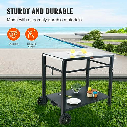 VEVOR Outdoor Grill Cart with Double-Shelf, BBQ Movable Food Prep Table with PVC Placemat, Black Iron Table Top, Portable Modular Carts for Pizza Oven, Worktable with 2 Wheels, Carry Handle - size: 21.7"D x 33.5"W x 32.9"H, style: Iron Table Top