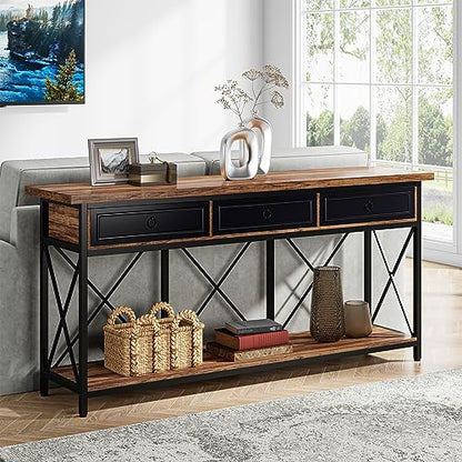 Tribesigns 70.8" Console Table with 3 Drawers, Farmhouse Entryway Table with Storage Shelf, Narrow Long Sofa Foyer Table for Entryway, Hallway (Brown/Black) - color: Brown/Black