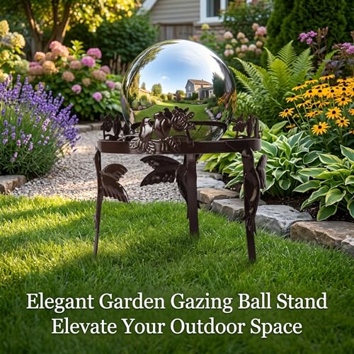 Topadorn Gazing Ball Stand for 10–12 Inch Globes, Metal Garden Globe Holder with Hummingbird & Songbird, Weather Resistant Bronze Outdoor Yard Stand - color: Birds&Flowers
