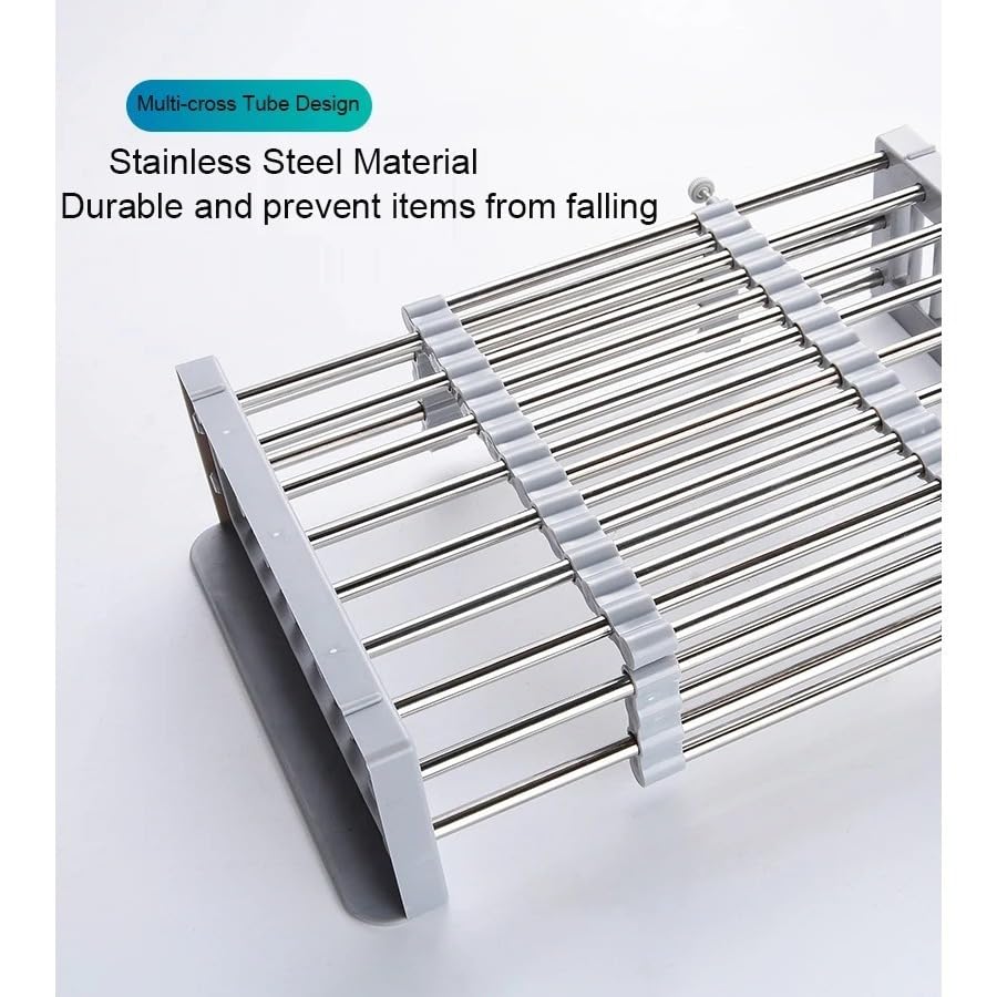 Adjustable Dish Drying Rack with Stainless Steel Drain Basket Over-The-Sink - Portable & Telescopic Space-Saving Solution for Fruit Vegetable