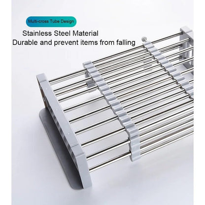Adjustable Dish Drying Rack with Stainless Steel Drain Basket Over-The-Sink - Portable & Telescopic Space-Saving Solution for Fruit Vegetable