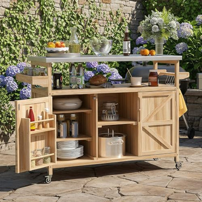 Merax 50" Outdoor Kitchen Grill Cart Island on Wheels with Stainless Steel Top,Farmhouse Style Solid Wood Frame Storage Cabinet for Patio - color: Natural
