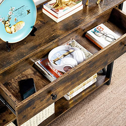 Topeakmart Console Table with Charging Station, 40" Narrow Entryway Table with 2 Power Outlets and 2 USB Ports, Sofa Hallway Table with Drawer, Behind Couch, for Living Room Rustic Brown - color: Rustic Brown, style: with Power Outlet
