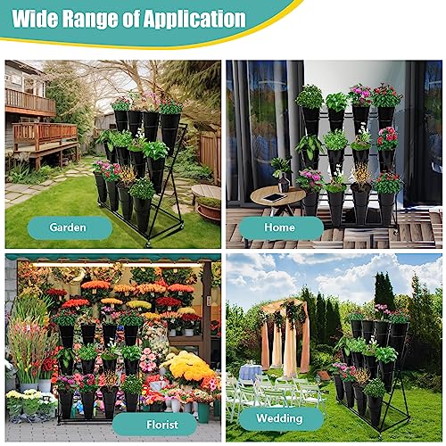 Flower Display Stand with 12 Black Round Buckets, 3 Layers Black Metal Plant Stand with Wheels, Moving Florist Bouquet Shelf for Fresh Flowers Shop Patio Garden Outdoor Flower Pop-Up Events