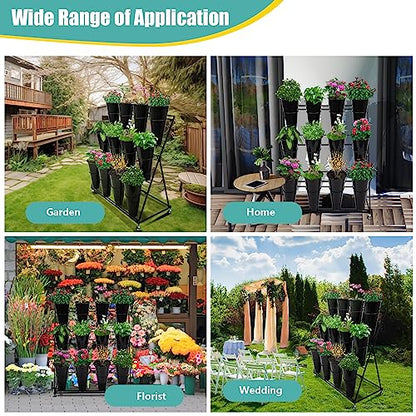 Flower Display Stand with 12 Black Round Buckets, 3 Layers Black Metal Plant Stand with Wheels, Moving Florist Bouquet Shelf for Fresh Flowers Shop Patio Garden Outdoor Flower Pop-Up Events