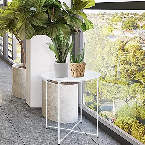 Garden 4 you End Table Metal Side Table Round Folding Tray Cyan Sofa Small Accent Fold-able Table, Round End Table Tray, Next to Sofa Table, Snack Table for Living Room and Bed Room,White - color: White