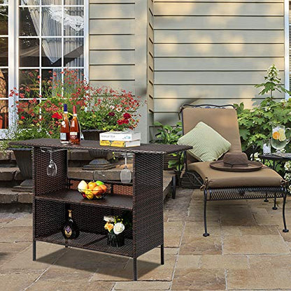 54.7" Patio Wicker Sideboard Buffet Cabinet Prep Table,All Weather Patio Rattan Wicker Bar Table,Outdoor Patio Bar Table,with Storage Shelves,for Party Porch Backyard Garden Poolside (Brown)