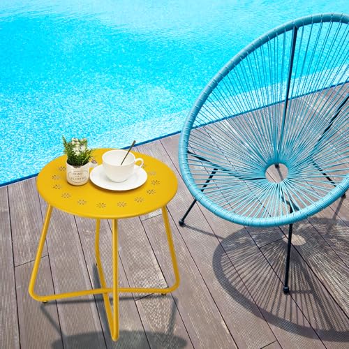 danpinera Outdoor Side Tables with Flower Cut Outs, Weather Resistant Steel Patio Side Table, Small Round Outdoor End Table Metal Side Table for Patio Yard Balcony Garden Yellow - color: Yellow