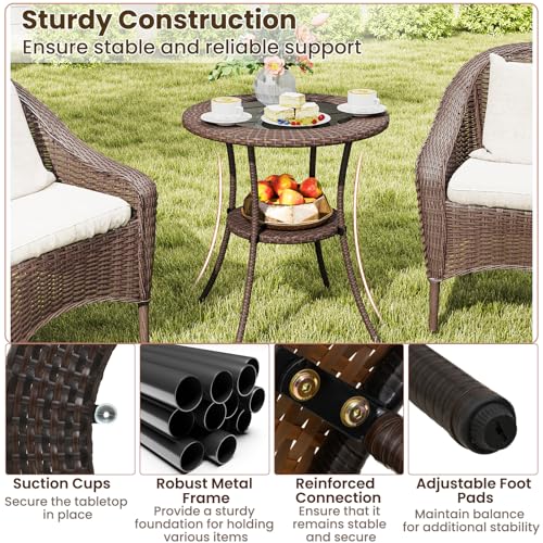 Tangkula 25.5" Wicker Patio Dining Table, Outdoor Round Bistro Side Table with Tempered Glass Top and Storage Shelf, for Balcony, Garden and Backyard