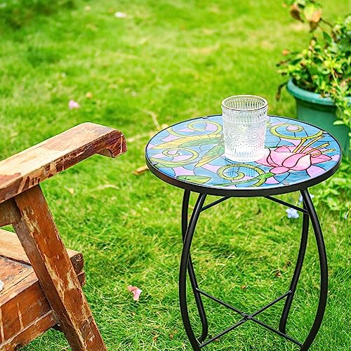 VCUTEKA Mosaic Patio Side Table Outdoor Accent Table Bistro Coffee Table Plant End Table Small Porch Table Indoor Round Glass Balcony Hummingbird Plant Table Stands - color: Hummingbird