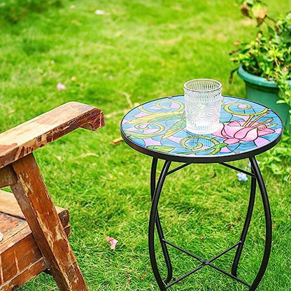 VCUTEKA Mosaic Patio Side Table Outdoor Accent Table Bistro Coffee Table Plant End Table Small Porch Table Indoor Round Glass Balcony Hummingbird Plant Table Stands - color: Hummingbird