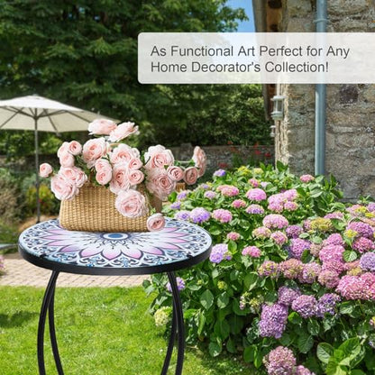 VCUTEKA Outdoor Side Table Mosaic End Table Patio Side Table Small End Tables Glass Top Round Balcony Coffee Porch Indoor Glass Top Flower 14'' - color: Flower