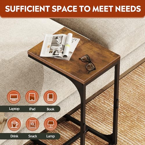 WLIVE C Shaped End Table, Small Couch Side Tables with Metal Frame that Slide Under, Sofa Table TV Tray for Living Room, Bedroom, Rustic Brown - color: Rustic Brown