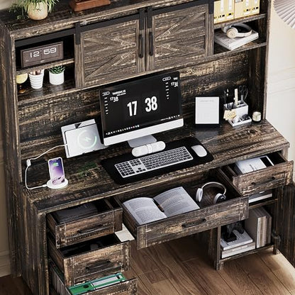 61" Farmhouse Executive Desk with Hutch & Charging Station, Wooden Computer Desk with 2 Sliding Barn Doors, 5 Drawers & Storage Cabinet with Adjustable Shelf for Home Office, Bedroom (Rustic Gray-01) - color: Rustic Gray-01