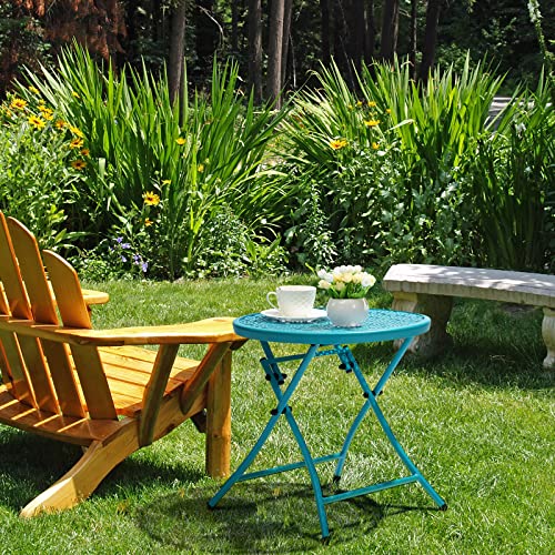 TeoKJ Folding Outdoor Side Tables, Anti Rust Small Patio Table Round Metal Nightstand with Flower Cutouts for Porch Yard Balcony Deck Lawn, Blue - color: Blue