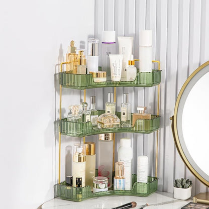 CESTATIVO Corner Bathroom Counter Organizer, Vanity Trays, Skincare Makeup Organizer, Bathroom Counter Shelf (3 Tiers, Green)