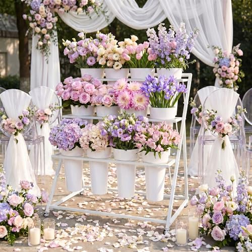 Flower Display Stand with 12 Buckets 3 Tier Flower Cart Display Stand White Metal Flower Bar Stand Moving Flower Stand Floral Bouquet Shelf for Indoor Outdoor Garden Wedding Party