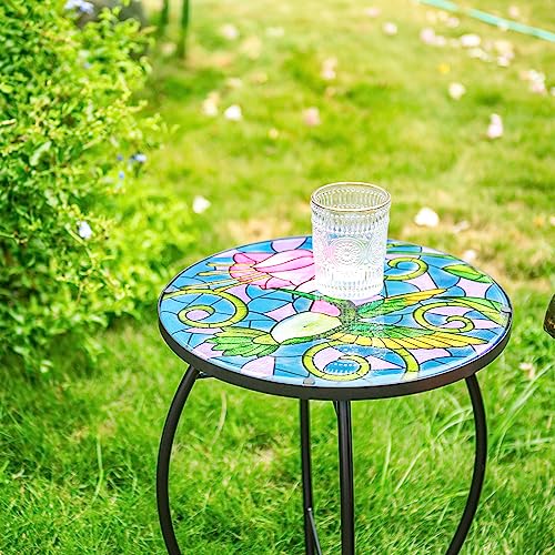VCUTEKA Mosaic Patio Side Table Outdoor Accent Table Bistro Coffee Table Plant End Table Small Porch Table Indoor Round Glass Balcony Hummingbird Plant Table Stands - color: Hummingbird