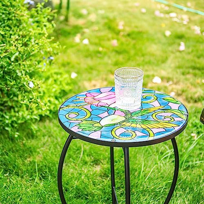 VCUTEKA Mosaic Patio Side Table Outdoor Accent Table Bistro Coffee Table Plant End Table Small Porch Table Indoor Round Glass Balcony Hummingbird Plant Table Stands - color: Hummingbird