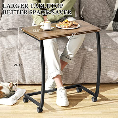SRIWATANA Side Table, C-Shaped End Table with Rolling Wheels,Rustic Sofa Couch Table for Laptop Coffee Snack, Dark Walnut - color: Dark Walnut W/ Caster