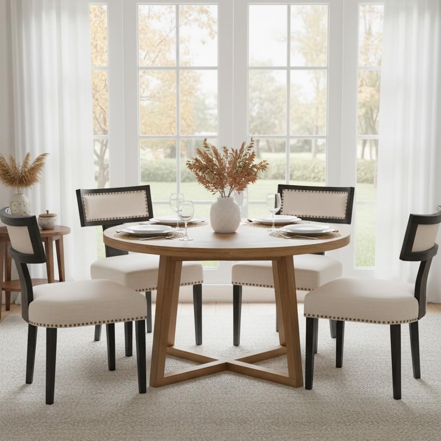 RIVOVA Mid Century Modern Dining Chairs Set of 4 Linen Fabric Upholstered Kitchen Side Chairs with Nailhead Trim, Modern Kitchen Armless Solid Wood Dining Chairs, Beige - color: Beige Black Nailhead