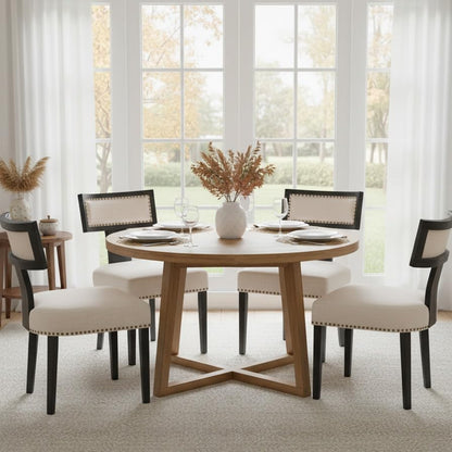 RIVOVA Mid Century Modern Dining Chairs Set of 4 Linen Fabric Upholstered Kitchen Side Chairs with Nailhead Trim, Modern Kitchen Armless Solid Wood Dining Chairs, Beige - color: Beige Black Nailhead