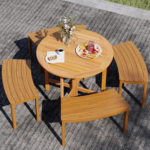 Tangkula 36 Inches Outdoor Folding Round Dining Table, No Assembly Patio Acacia Wood Bistro Table with Slatted Tabletop, 4-Person Outside Dining Furniture for Backyard, Porch, Balcony - size: 36"
