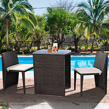 Giantex 3 PCS Cushioned Outdoor Wicker Patio Set Convention Bistro Set Garden Lawn Space Saving Conversation Sofa Furniture No Assembly (Brown) - color: Brown