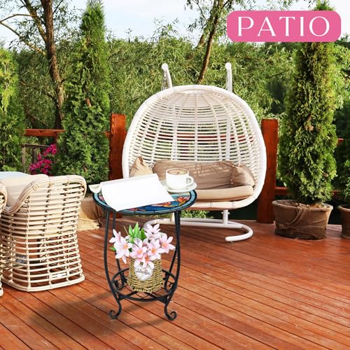 Cinnvoice Outdoor Side Table Round Small Mosaic Patio Accent Indoor End Plant Coffee Tea Table for Yard Patio Porch Garden Living Room, Bedroom(Dragonfly Style,12 Inch) - size: 12 Inch, style: Dragonfly Style
