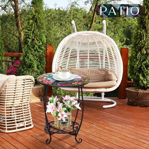 Cinnvoice Outdoor Side Table Round Small Mosaic Patio Accent Indoor End Plant Coffee Tea Table for Yard Patio Porch Garden Living Room, Bedroom(Hummingbird Style,18 Inch) - size: 18 Inch, style: Hummingbird Style