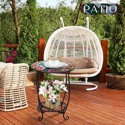 Cinnvoice Outdoor Side Table Round Small Mosaic Patio Accent Indoor End Plant Coffee Tea Table for Yard Patio Porch Garden Living Room, Bedroom(Hummingbird Style,18 Inch) - size: 18 Inch, style: Hummingbird Style