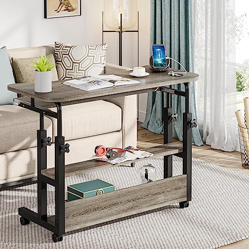 Tribesigns Portable Desk with Power Outlets, Height Adjustable Side Table Sofa Couch Bedside Laptop Computer Cart with USB Charging Ports, Mobile Small Standing Desk with Keyboard Tray - color: Grey