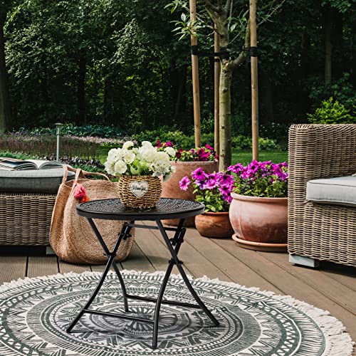 TeoKJ Folding Small Outdoor Side Tables, Anti Rust Small Patio Table Round Metal Nightstand with Flower Cutouts for Porch Yard Balcony Deck Lawn, Black - color: Black