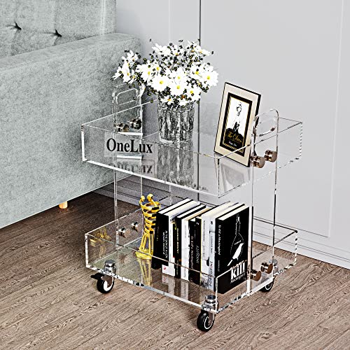 ONELUX (Flat Packed) Original Acrylic Side Table,Clear Table with Wheels,Acrylic Bedside Tables/Night Stand - 41×34×48H CM - size: 13.4 in x 16.1 in x 18.9 in