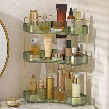 CESTATIVO Corner Bathroom Counter Organizer, Vanity Trays, Skincare Makeup Organizer, Bathroom Counter Shelf (3 Tiers, Green)