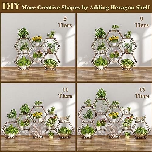 Tikea Hexagonal Indoor Outdoor Plant Stand, 7-Tier Wooden Plant Shelf | Large Plant Shelves Indoor Plant Rack for Patio Balcony Window Living Room Decor, DIY Creative unique Shapes Plant Stand