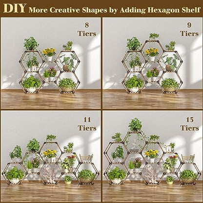 Tikea Hexagonal Indoor Outdoor Plant Stand, 7-Tier Wooden Plant Shelf | Large Plant Shelves Indoor Plant Rack for Patio Balcony Window Living Room Decor, DIY Creative unique Shapes Plant Stand