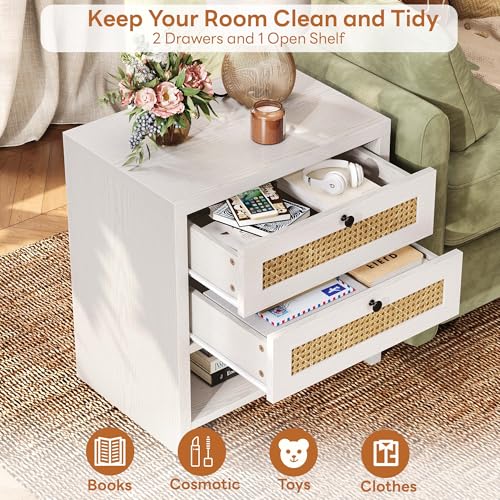 LIKIMIO Rattan Nightstand, 23" Wide Night Stand with Charging Station, Boho Side Table with 2 Drawers and Open Shelf, Bedside Table for Bedroom, White Oak
