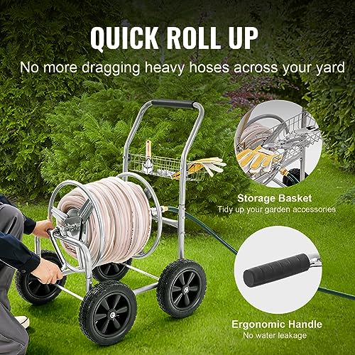 VEVOR Hose Reel Cart, Hold Up to 300 ft of 5/8’’ Hose, Garden Water Hose Carts Mobile Tools with 4 Wheels, Heavy Duty Powder-Coated Steel Outdoor Planting with Storage Basket, for Garden, Yard, Lawn - style: 300 ft