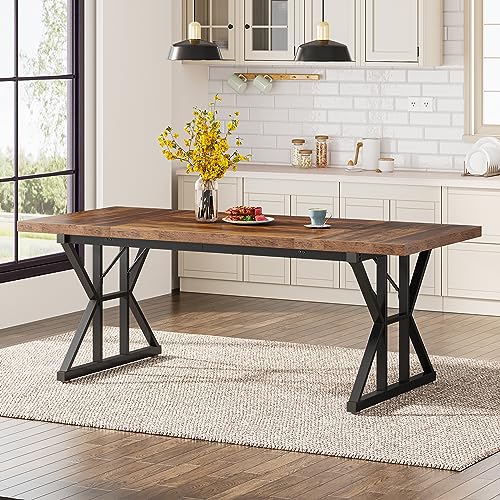 Tribesigns Farmhouse Dining Table for 6 People, 70.8-Inch Rectangular Wood Dining Table, Rustic Kitchen Table with Heavy Duty Metal Legs for Dining Room - color: Brown/Black