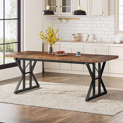 Tribesigns Farmhouse Dining Table for 6 People, 70.8-Inch Rectangular Wood Dining Table, Rustic Kitchen Table with Heavy Duty Metal Legs for Dining Room - color: Brown/Black